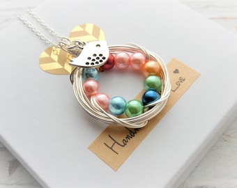 Bird Nest Family Birthstone Necklace | Bird Nest Pearl Peapod Jewelry For Wife | Gift for Mom | Best Friend Gift | Bird Charm Necklace