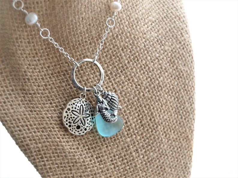 Women/'s Wire Wrapped Aqua Genuine Sea Glass Fresh Water Pearl Mermaid Necklace Beach Jewelry Gift Sea Glass Necklace Mermaid Jewelry