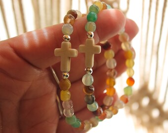 Women's Handmade Christian Faith Cross Multi-Color Agate Cross Beaded Bracelet | Cross Bracelet | Christian Faith Cross Jewelry Gift | Jesus