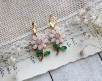 Gold Plated Victorian Pink Flower Dangle Drop Leverback Charm Earrings For Women |  Pink Rhinestone Flower Earrings | Floral Earrings Gift