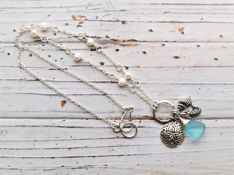 Women/'s Wire Wrapped Aqua Genuine Sea Glass Fresh Water Pearl Mermaid Necklace Beach Jewelry Gift Sea Glass Necklace Mermaid Jewelry