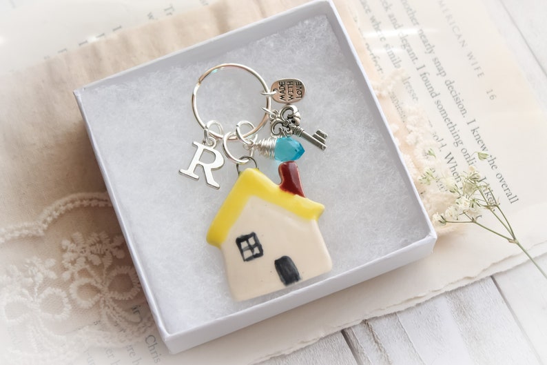 Personalized Initial And Birthstone Ceramic Yellow House Charm Keychain Personalized House Warming Keychain Personalized New Home Gift image 3