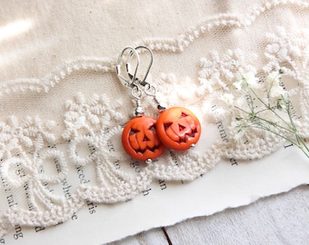 Silver Plated Orange Howlite Jack O Lantern Pumpkin Leverback Dangle Drop Earrings | Fall Earrings | Halloween Earrings | Pumpkin Jewelry