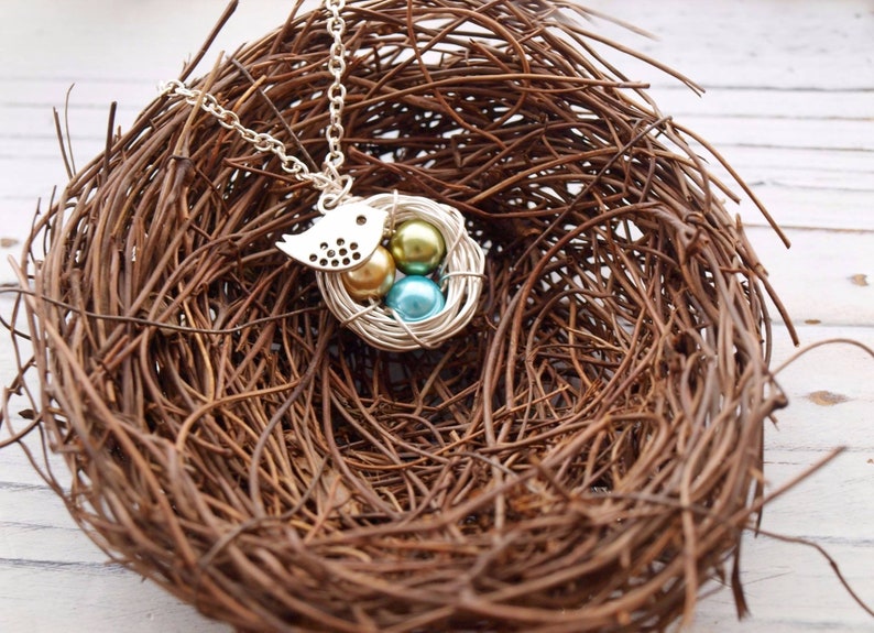 Personalized Bird Nest Family Birthstone Necklace Bird Nest Etsy