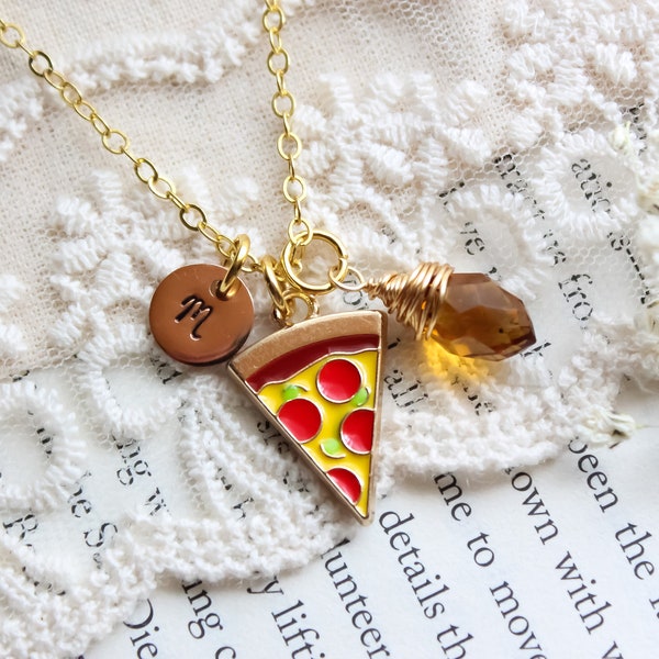 Personalized Initial And Birthstone Gold Plated Pepperoni Pizza Chrm Necklace | Food Jewelry | Custom Pepperoni Pizza Necklace Gift For Her