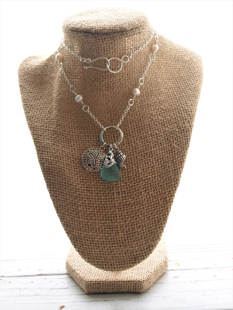 Women/'s Wire Wrapped Aqua Genuine Sea Glass Fresh Water Pearl Mermaid Necklace Beach Jewelry Gift Sea Glass Necklace Mermaid Jewelry