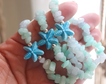 Pulsera de cuentas con diseño de estrellas de mar y aguamarina, hecha a mano, estilo bohemio, para mujer, ideal como regalo de boda en la playa.