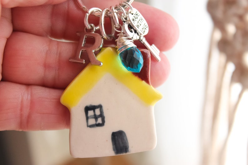 Personalized Initial And Birthstone Ceramic Yellow House Charm Keychain Personalized House Warming Keychain Personalized New Home Gift image 2