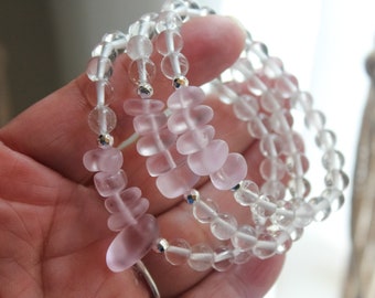 Women's Handmade BOHO Sea Glass And Clear Quartz Beaded Bracelet | Aqua Sea Glass Jewelry | Beach Wedding Jewelry | Summer Jewelry Gift