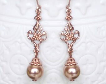 Dainty Rose Gold Pearl Crystal Drop Earrings – Bridal Jewelry - Bride or Bridesmaids Gift