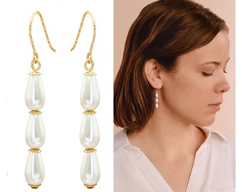White Pearl Crystal Drop Earrings - 14K Gold Filled - Bridal Wedding Jewelry