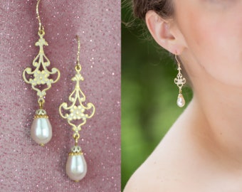 Frosted Gold Bridal Jewelry - White Crystal Pearl Dangle Earrings - For the Bride