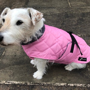 Pink Quilted Waterproof Dog Coat Covering the Chest, Custom Made or Standard Size, Quilted Coat with Warm Fleece Lining, Made in UK