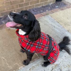 Warm Fleece Dog Coat, Custom Made, Red Tartan Double Layer Fleece Dog Jacket Covering the Chest, Standard or Adjusted Fit at No Extra Cost