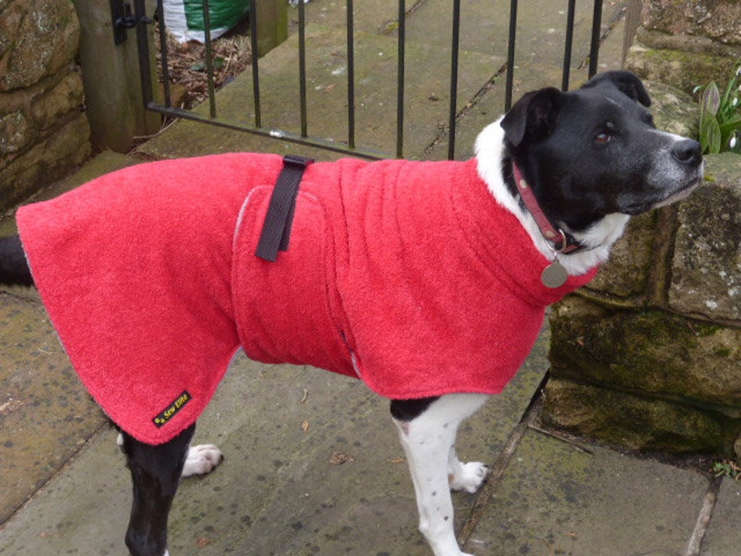 Dog Drying Robe With Double Layer Towelling Covering Dogs Chest, Red or