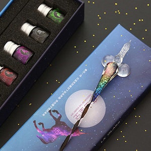 Set regalo per penna per penna stilografica in vetro cristallo, penna in vetro arcobaleno, inchiostri colorati, idea regalo in vetro, set di penne per calligrafia
