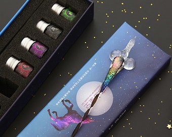 KristallGlas Tintenfüller Geschenkset, Regenbogen Glas Stift, Farbtinten, Glas Geschenkidee, Kalligraphie Stift Set