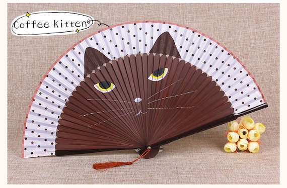 Kitten: lovely bamboo and silk folding handfan with tassel, fashion accessories, unique gift, Japanese hand fan
