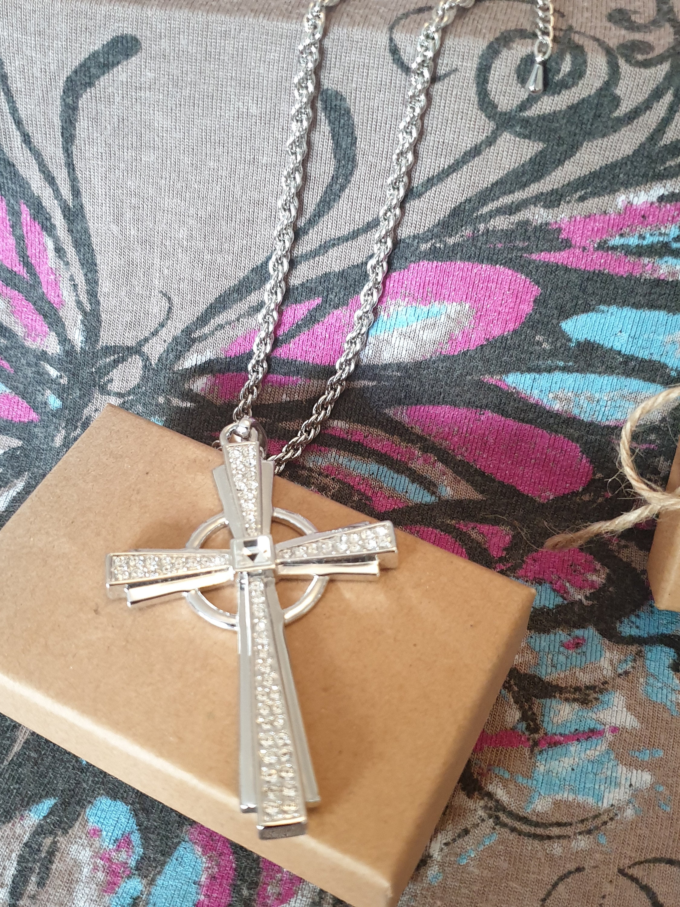 Diamante Cross Necklace Silver Plated 
