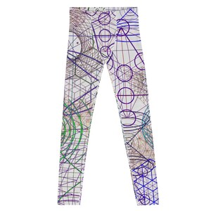 May include: White leggings with a geometric design in shades of purple, blue, green, and gold. The pattern includes circles, lines, and geometric shapes. The leggings are a full-length style.