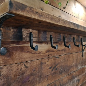 Large coat rack shelf - Forged spike hooks shelf brackets - Rustic - Custom - Unique