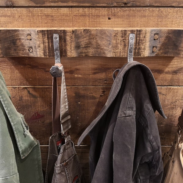 Hand forged 4 hook Antique railway spike coat rack hanger - reclaimed hardwood - rustic - authentic -
