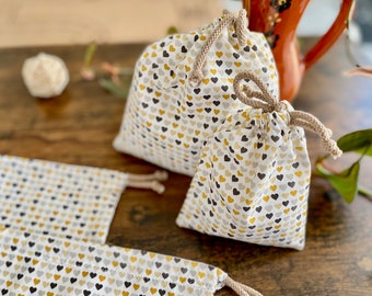 Geschenkbeutel Stoff | Stoffbeutel Zugband | Säckchen Baumwolle | Geschenktasche | Geschenkverpackung weiß gelb Herz