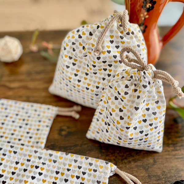 Geschenkbeutel Stoff | Stoffbeutel Zugband | Säckchen Baumwolle | Geschenktasche | Geschenkverpackung weiß gelb Herz