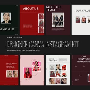 May include: A dark background with a Designer Canva Instagram Kit template. The kit includes various templates with text like "About Us", "Meet the Team", and "Our Values". The templates feature images and text, with a color scheme of red, white, and black.