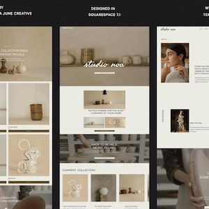 Pode incluir: Um design de modelo de site para o Studio Noa, com uma paleta de cores neutras em tons de bege e creme. O layout exibe cerâmicas, incluindo canecas e vasos, ao lado de títulos de texto como A Simple Collection Made for Everyday Rituals.