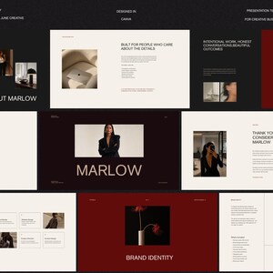 May include: A digital presentation template for creative businesses titled Marlow, featuring a color palette of cream, black, and deep red. The layout includes sections for brand identity, project details, and contact information with minimalist typography.