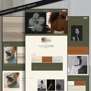 May include: A Squarespace 7.1 website template titled NARA featuring a neutral color palette of olive green, cream, and terracotta. The layout includes sections for wellness notes, service offerings, and photography with text overlays like Feel Like Yourself Again.