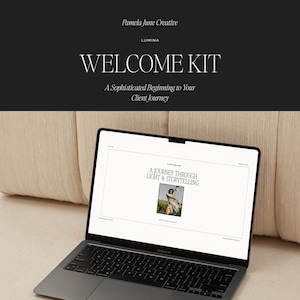 May include: A laptop displaying a webpage with the text "A Journey Through Light & Storytelling" and an image of a person. The laptop is open on a light-colored surface, with the words "WELCOME KIT" at the top. The design was created in Canva.