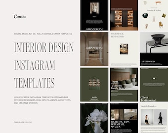 May include: A Canva social media kit featuring interior design Instagram templates. The templates are designed for interior designers, real estate agents, architects, and creative studios. The kit includes 35+ fully editable templates with various design elements.