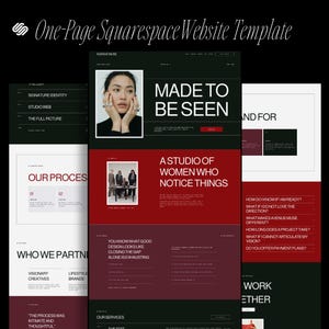 Pode incluir: Um modelo de site Squarespace de página única com uma paleta de cores escuras de preto, vermelho profundo e branco. O layout inclui seções com tipografia em negrito, incluindo o texto MADE TO BE SEEN e A STUDIO OF WOMEN WHO NOTICE THINGS.