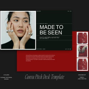 May include: A digital presentation template with a black and red color scheme. The template includes a photo of a person wearing rings, the text "MADE TO BE SEEN", and the words "Canva Pitch Deck Template".