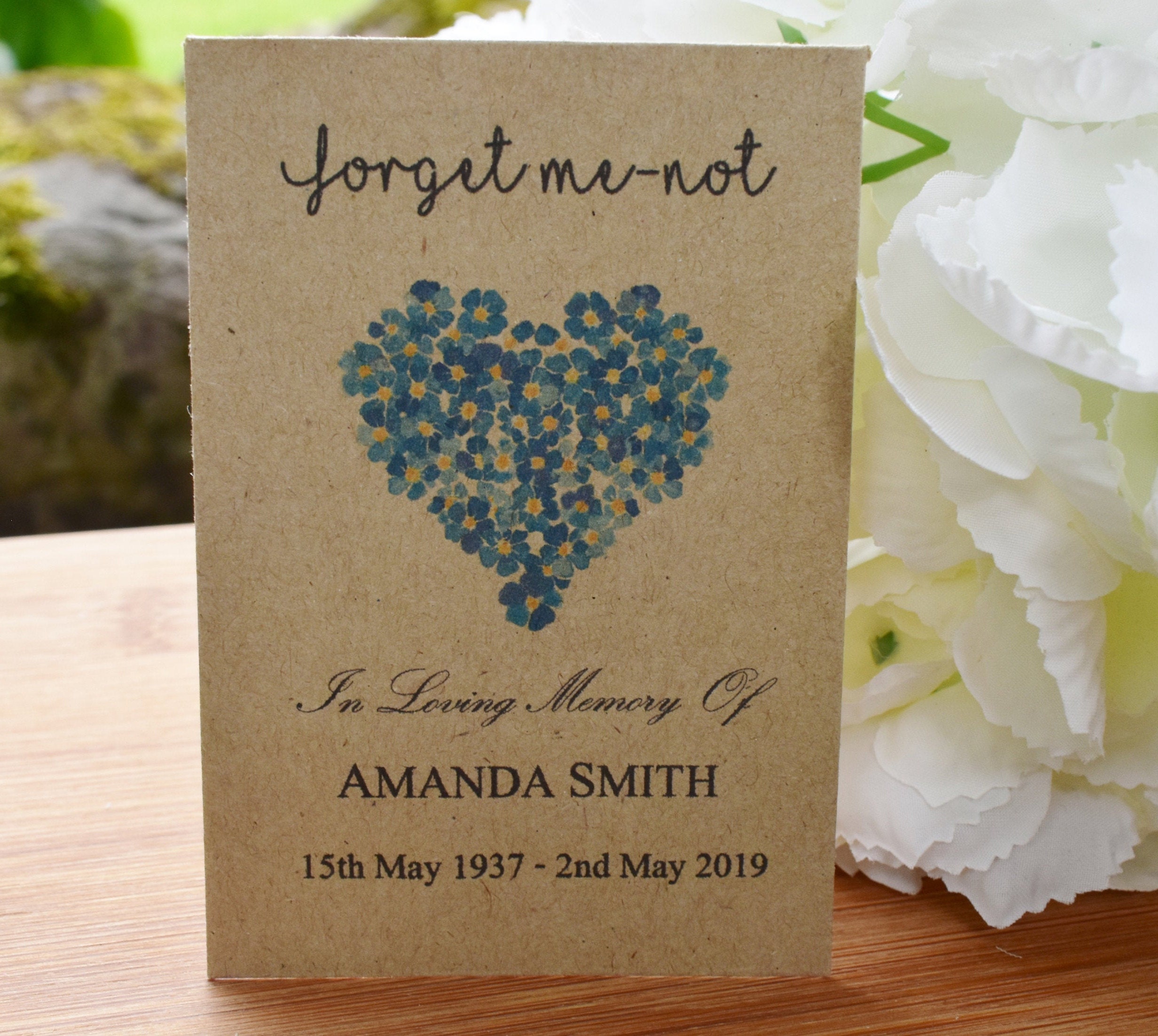 50 Personalised Forget Me Not Seed Packets Envelopes Funeral filled /  unfilled