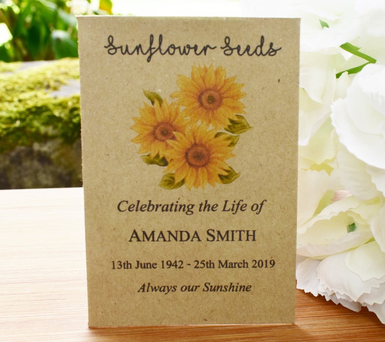 10 x Personalised Sunflower Seed Favours Memorial Funeral Sympathy Remembrance