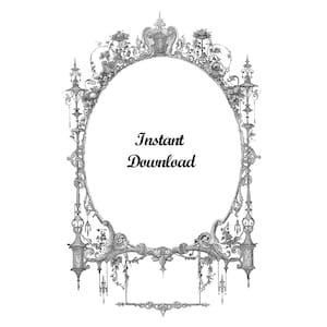 Könnte beinhalten: Eine Schwarzweiß-Vintage-Illustration eines verzierten ovalen Rahmens mit dekorativen Elementen. Der Text "Sofort-Download" ist mittig im Rahmen platziert.
