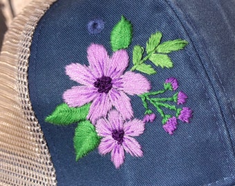 Floral hat, embroidered floral hat, floral ponytail hat, garden hat