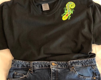 Embroidered gecko t-shirt, lizard shirt, southwest shirt, unique shirt, unique gift, neon shirt