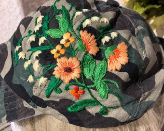 Camo hat, ladies camo hat, floral hat, embroidered floral hat, hunting hat, military mom,