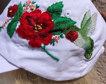 Hummingbird hat, embroidered hummingbird, hummer hat, floral hat, sequin hat