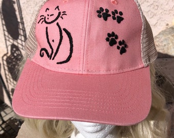 Cat mom hat, embroidered cat mom, ponytail hat, embroidered ponytail hat,