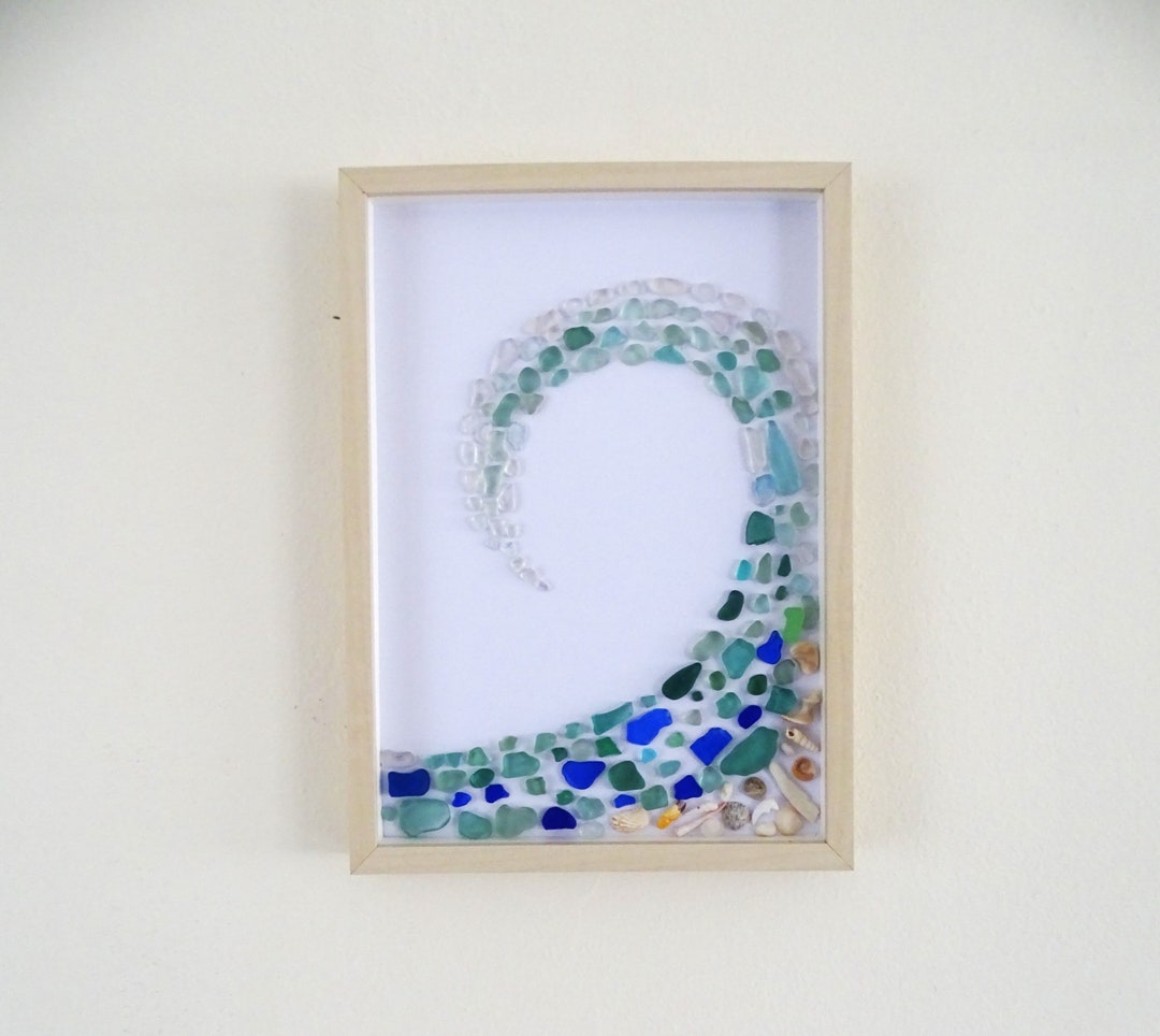 Sea Glass Wave in a Shadow Box Frame, 12.5''X 9'' 32 X 23 Cm/handmade