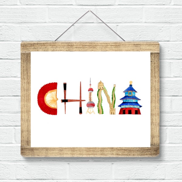 China watercolor print, China landmarks and symbols, Chinese gift, Temple of heaven, Great Wall