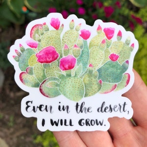 Może przedstawiać: Naklejka z akwarelową ilustracją opuncji z r&oacute;żowymi kwiatami. Naklejka zawiera napis "Even in the desert, I WILL GROW" czarnym pismem.