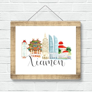 Xiamen Landmarks Watercolor Print: China Travel Art Gift