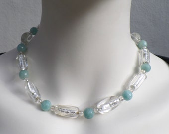 Kettingzilver met halfedelstenen (aquamarijn, kristal, glas)