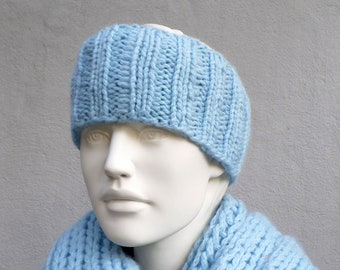 Stirnband gestrickt breit Merino-Alpaka-Wolle hellblau